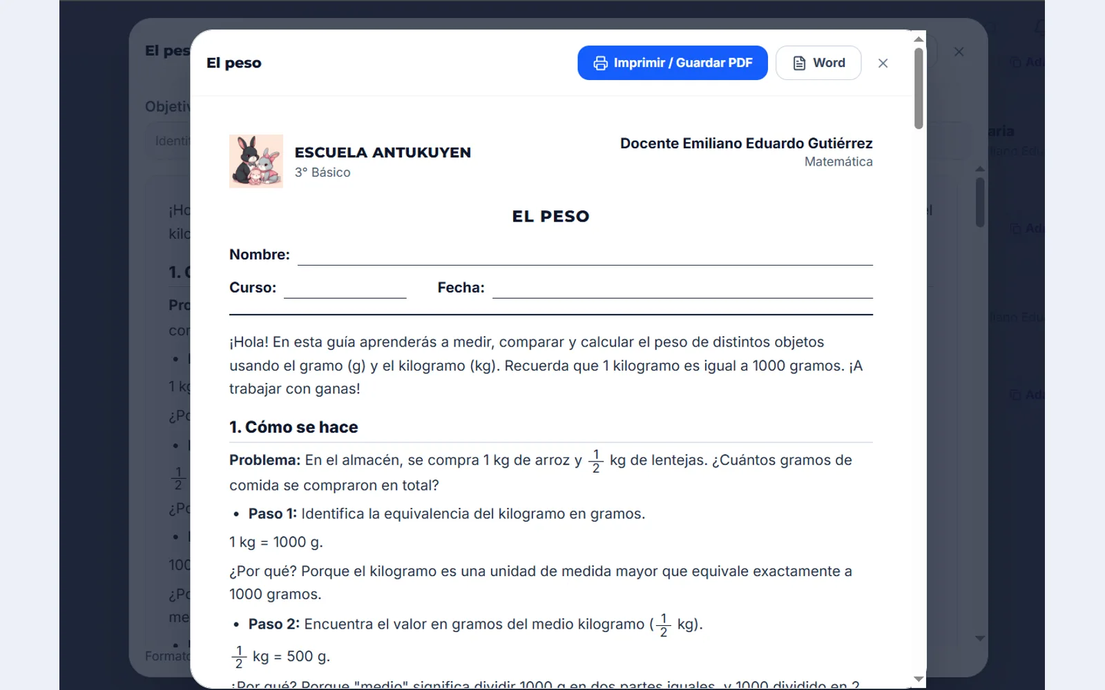 Una guía preparada por el asistente, lista para imprimir o exportar a Word
