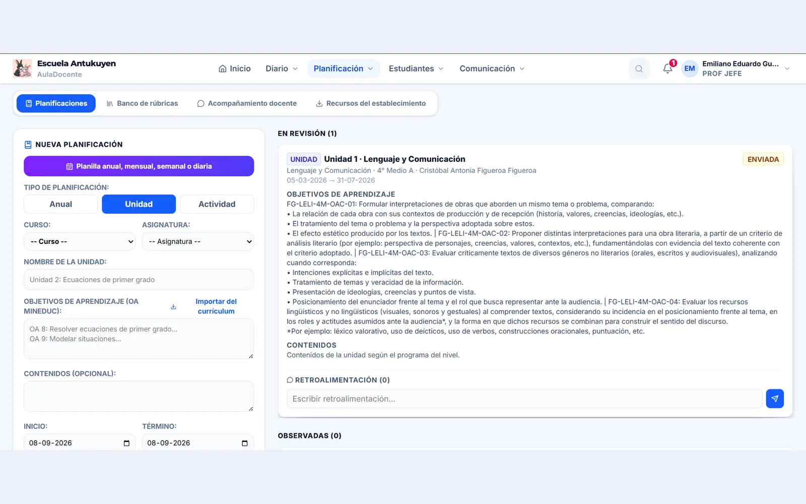 La planificación de una unidad, con los objetivos del currículum oficial
